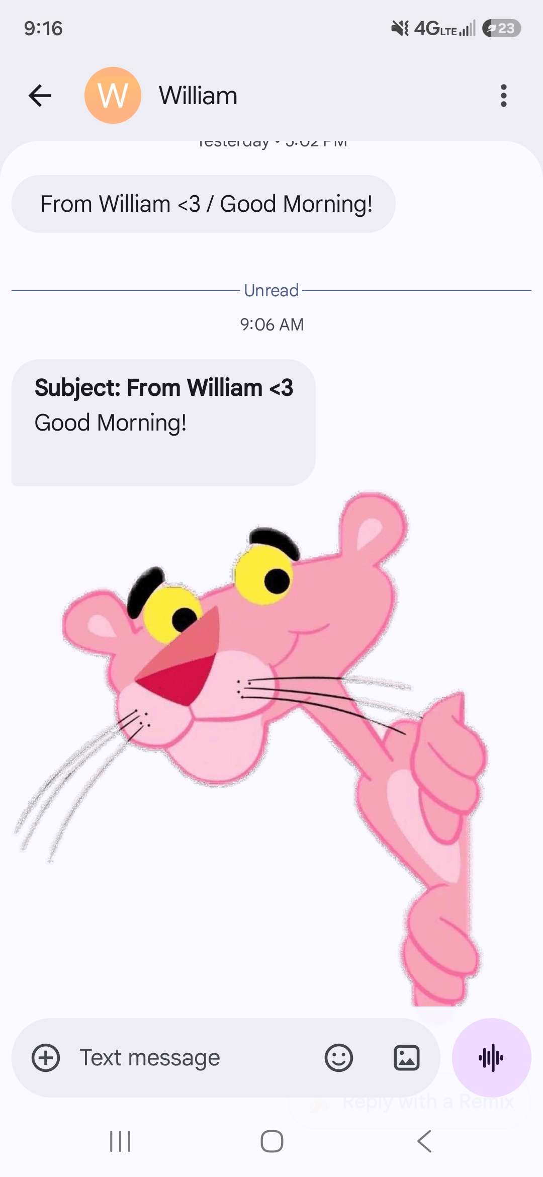 A photo of a text message from Wiliam